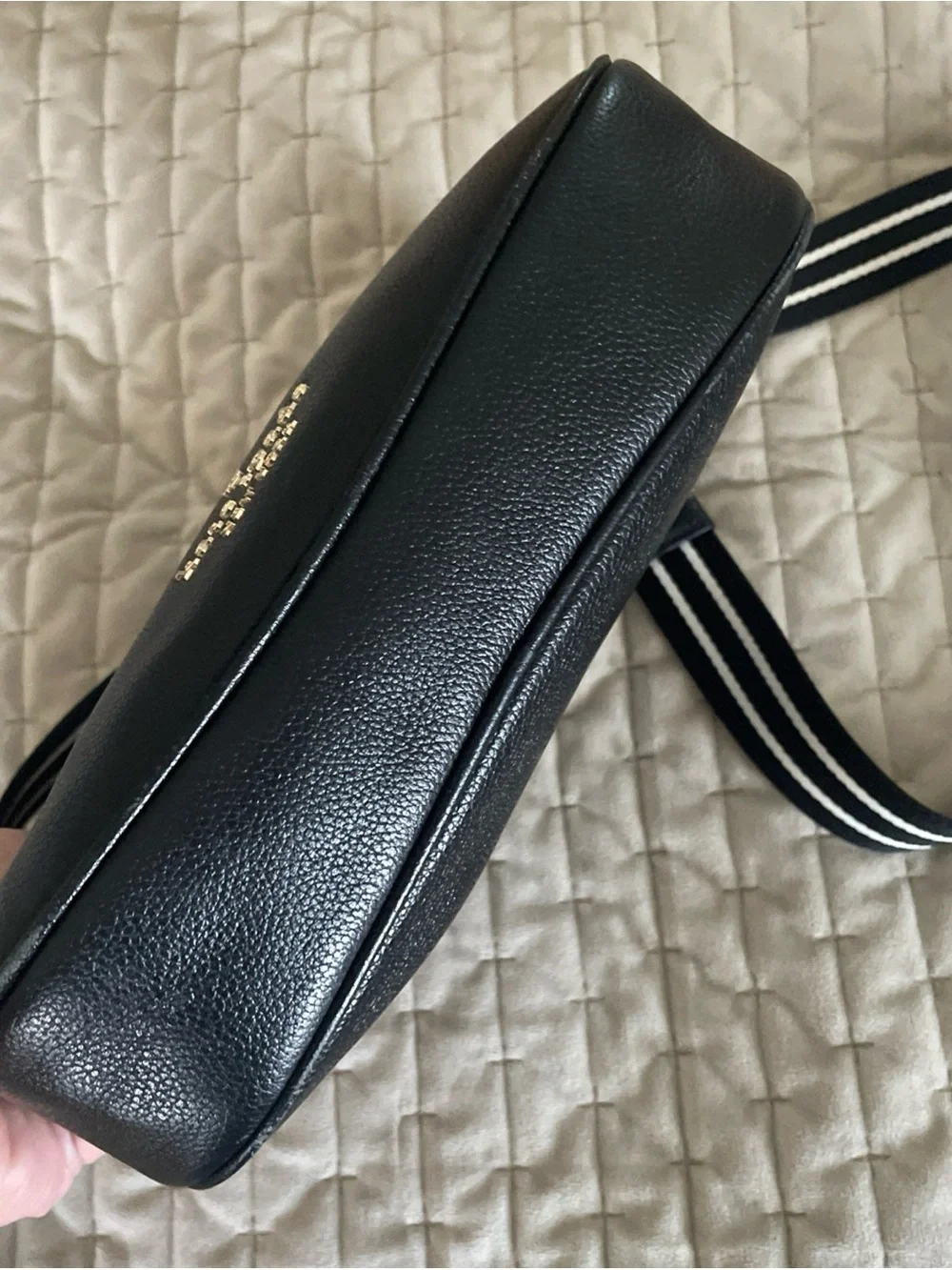 kate spade Black Pebbled Leather Crossbody with Striped Strap